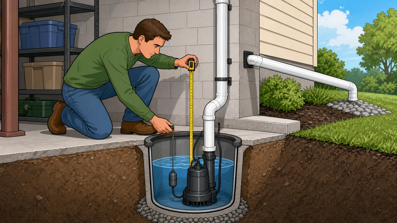 Sump Pump Sizing Calculator instructional illustration